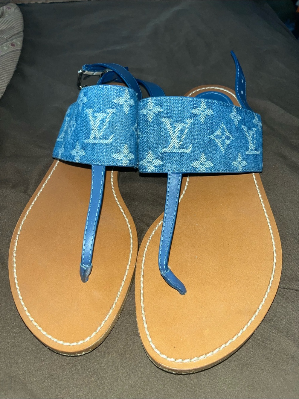 Blue Denim Logo T-Strap Flat Sandals